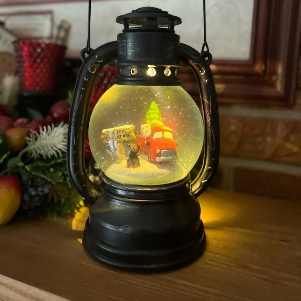 Vintage Merry Christmas Red Truck Snow Globe Lantern